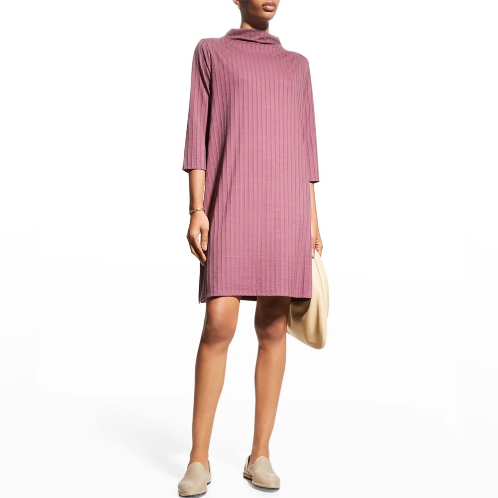 Eileen Fisher Women's Size XS Funnel-Neck Ribbed Dress 3/4-Sleeve Mauve NWT